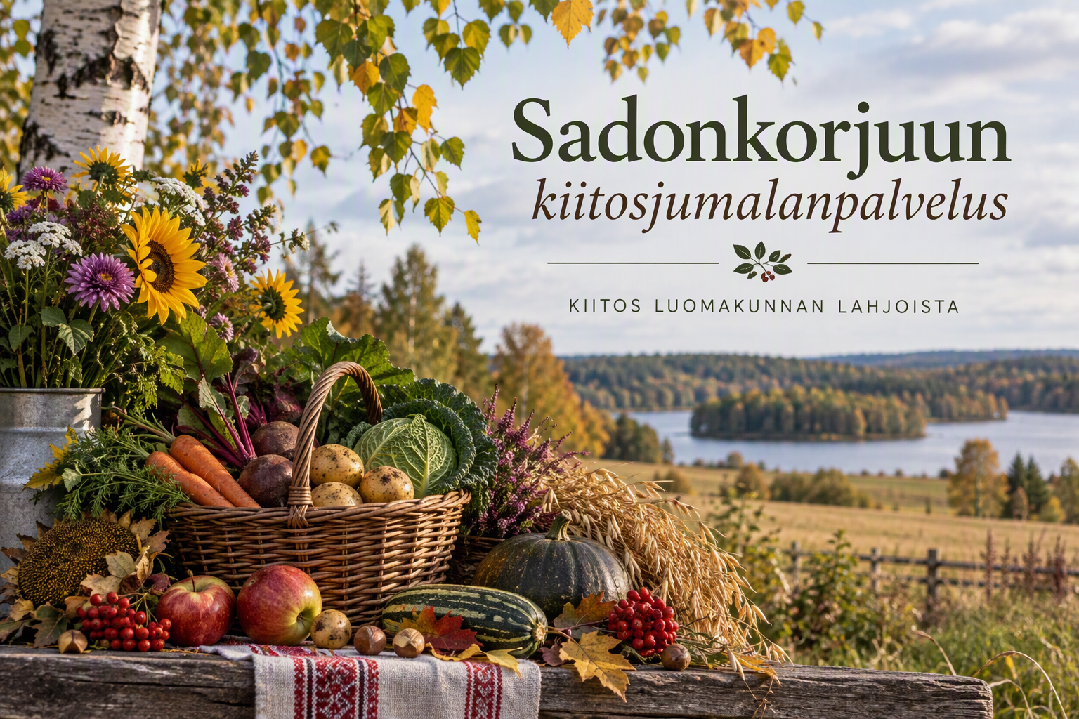 Syksyn satoa maalaismaisemassa. Tekoälygeneroitu kuva.