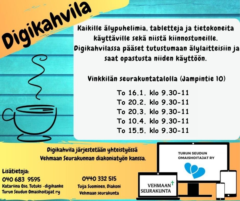 Digikahvila Digikahvilamainos, jossa lueteltuna kevään 2025 päivät.