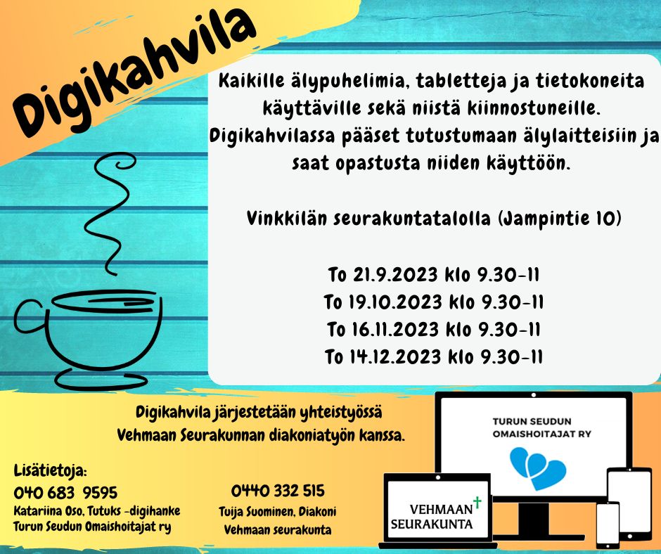Digikahvilan höyryävä kahvikuppi, tietokonenäytöt, kahvilan aukioloajat.
