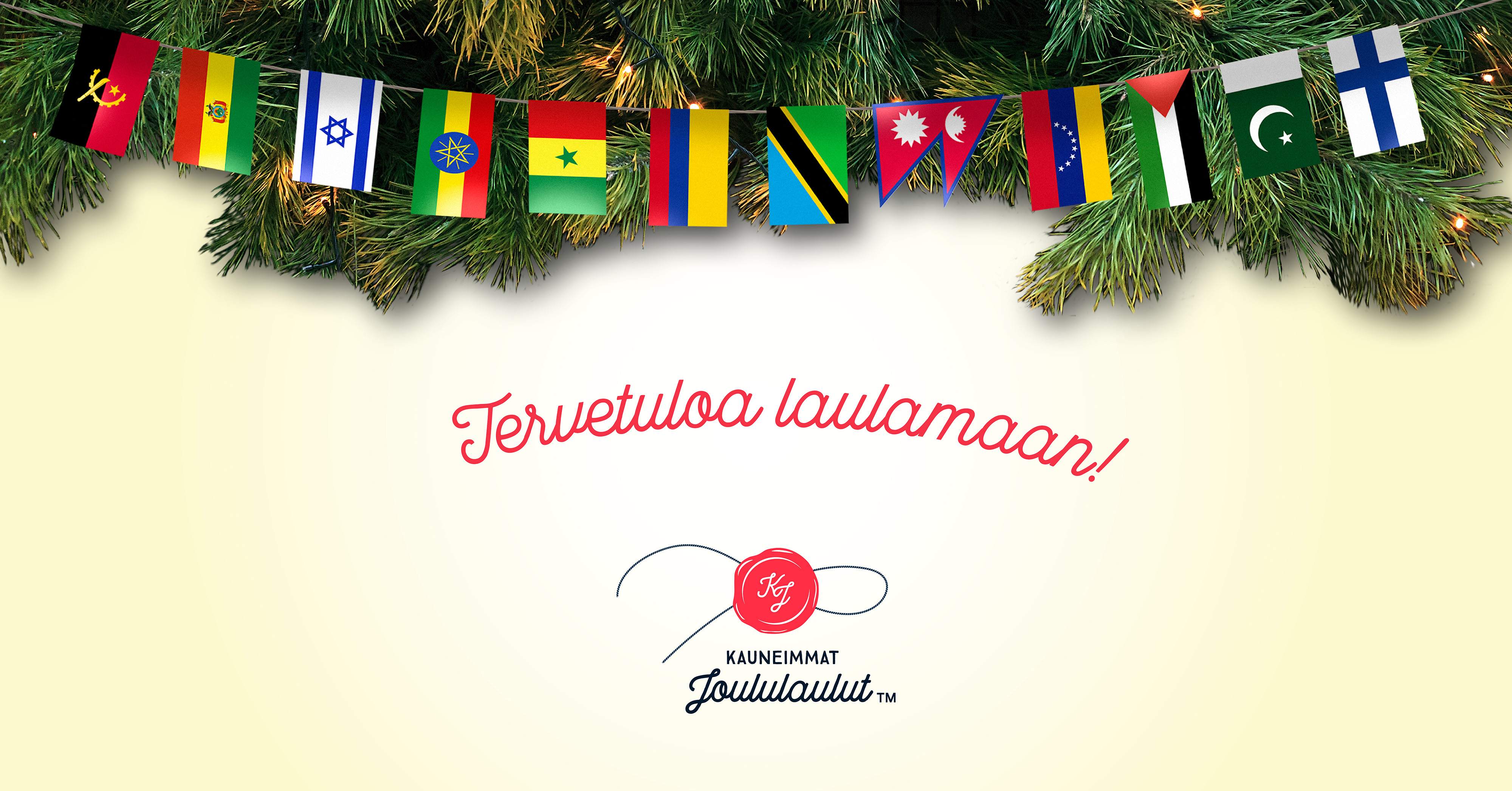 Kauneimmat joululaulut Havuja ja eri maiden lippuja, teksti Tervetuloa laulamaan!