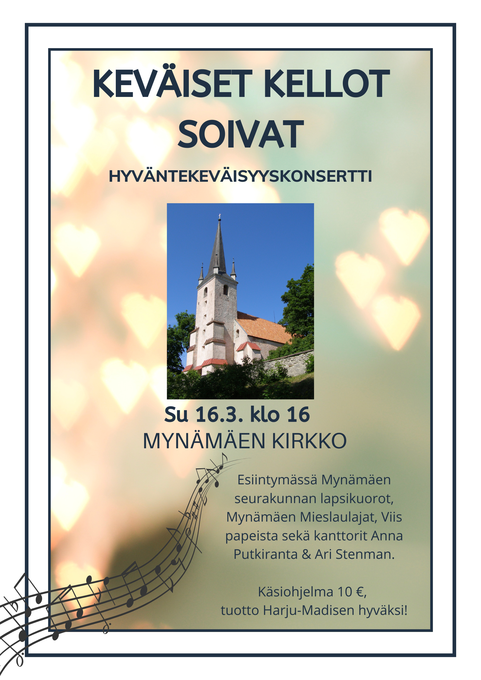 Keväiset kellot soivat - Hyväntekeväisyyskonsertti Julisteessa kuva Mynämäen kirkosta ja tiedot Hyväntekeväisyyskonsertin ajankohdasta.