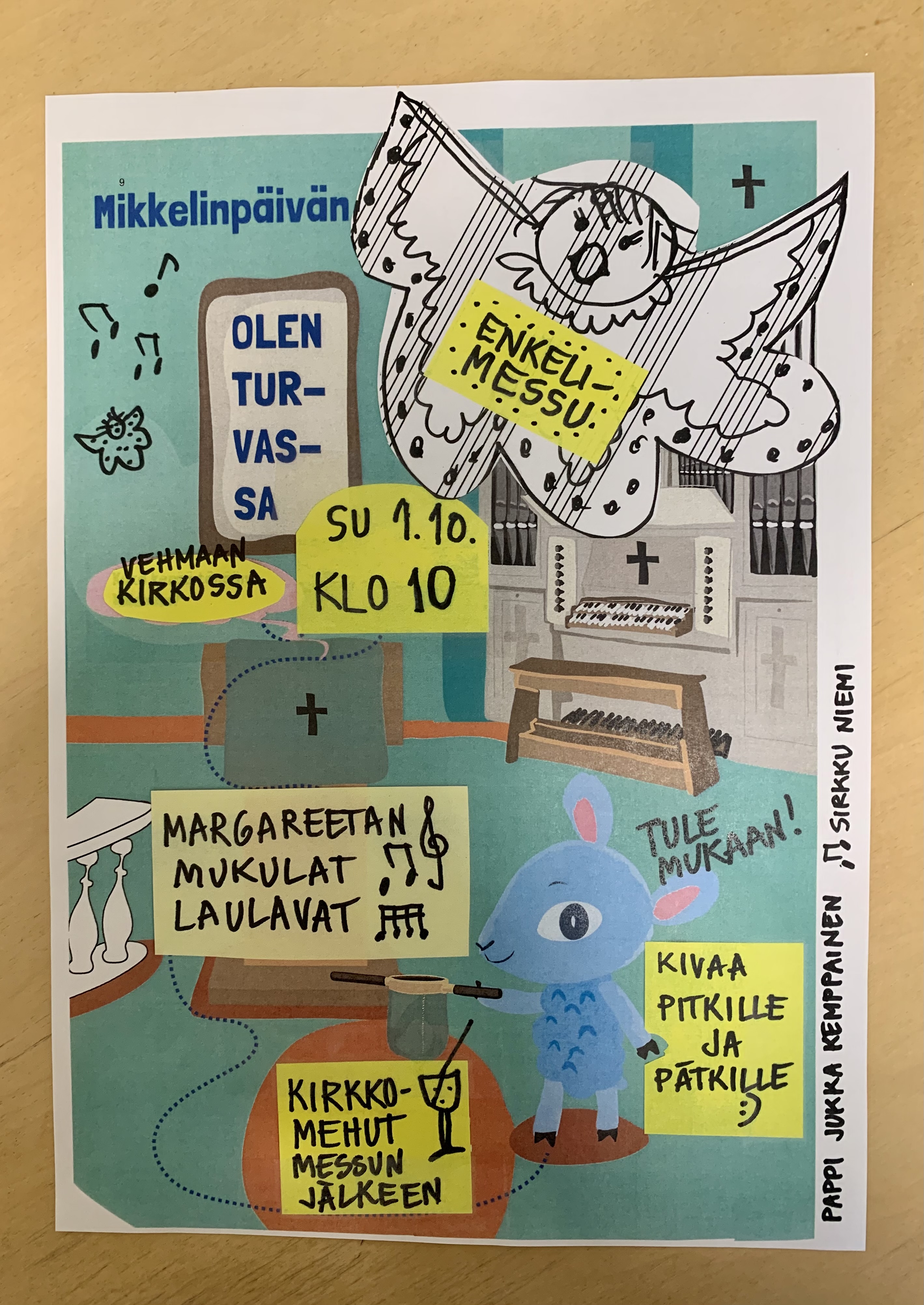 Värikäs messujuliste. Enkeli, urut, hiiri