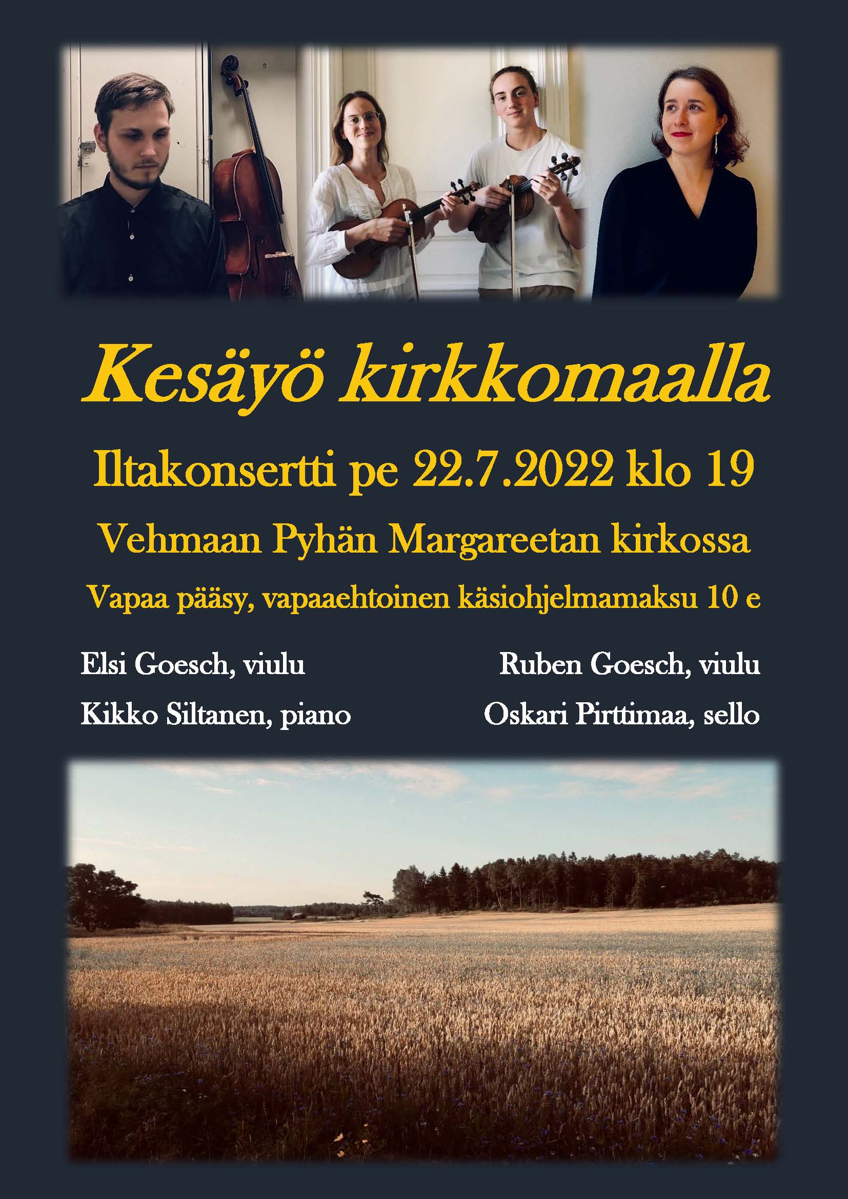 Konsertin mainosjuliste. Ylälaidassa esiintyjien kuvat, alalaidassa peltomaisema.
