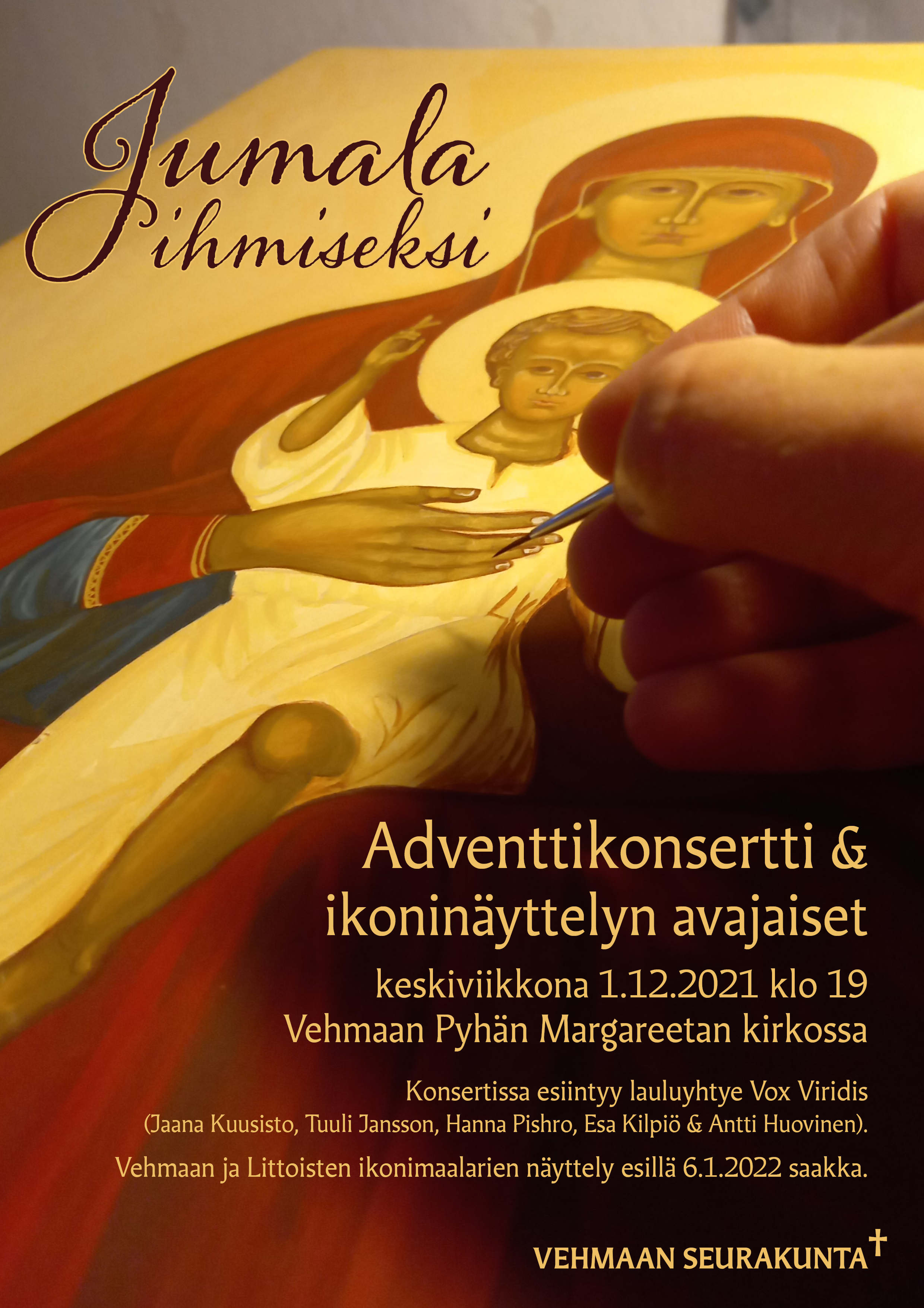 Ikoninäyttely - Jumala ihmiseksi Ikonimaalarin käsi maalaamassa puna-okra-sävyistä Jumalanäiti-ikonia.