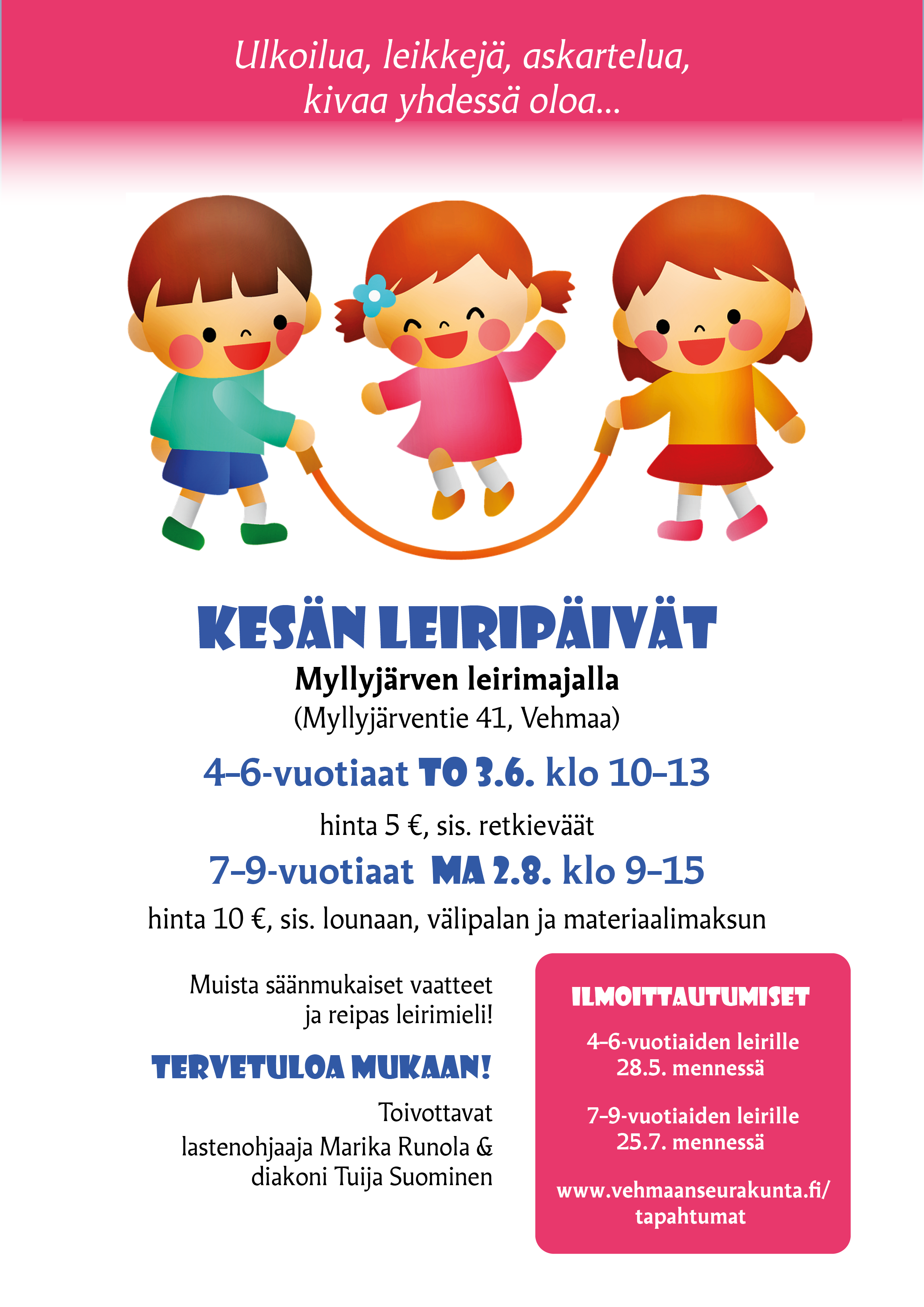 Leiripäivä 7 - 9-vuotiaille Tapahtumamainos kesän leiripäivistä, kuvassa lapset hyppäävät hyppynarulla