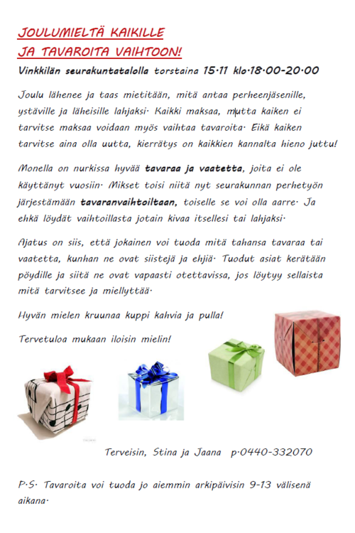 Joulumieltä - tavaranvaihtoilta Joulumieltä - tavaranvaihtoilta