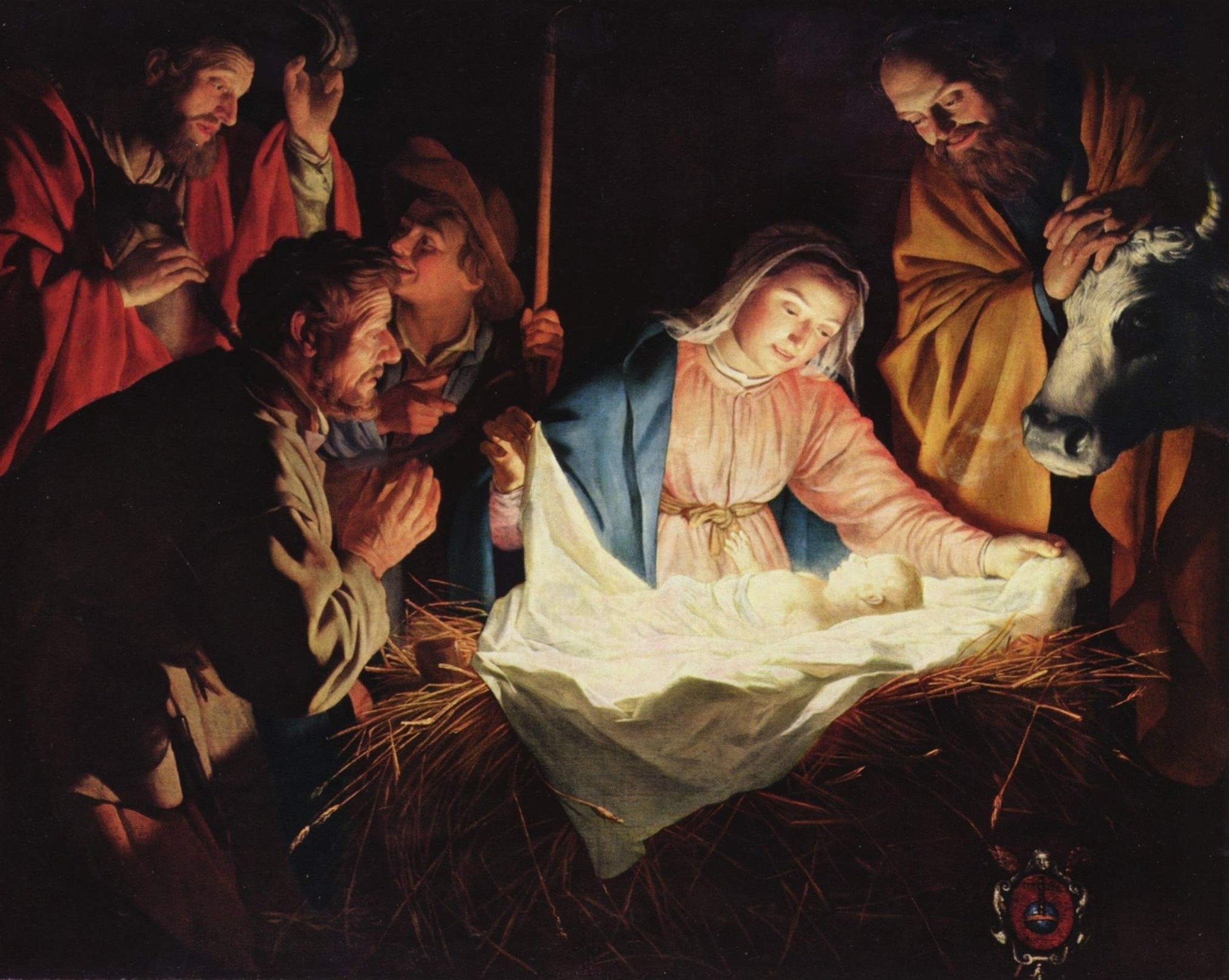 Jouluseimi (Jeesus-lapsi olkivuoteella, Maria, Joosef, paimenet ja härkä ympärillä)