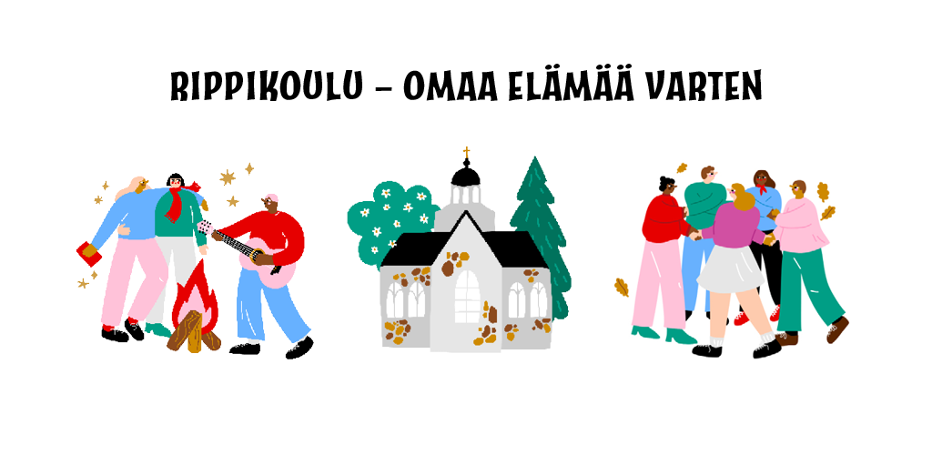 Piirroskuvat - nuoria sisaruspiirissä, harmaakivikirkko, nuoria nuotion äärellä laulamassa